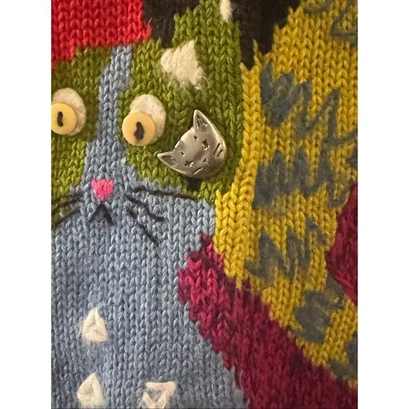 Vintage Susan Bristol Knit Cat Pattern Button Front Cardigan Black Multi XL - Picture 5 of 11